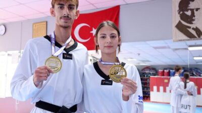 İzmir Büyükşehir Belediyesi Spor Kulübü’nün tekvandocuları Yelaldı kardeşler, Sırbistan’da düzenlenen