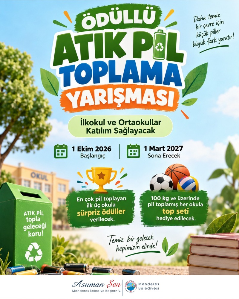 Menderes Belediyesi İlkokul ve ortaokullarda atık pil toplama yarışması düzenleyecek.